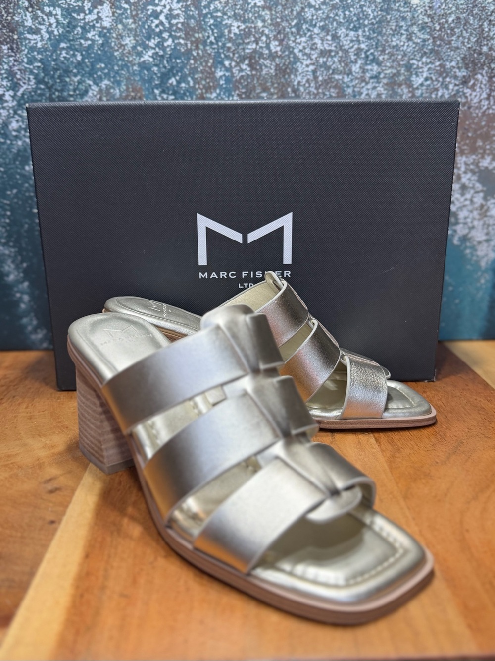 Marc‎ Fisher Metallic Y2K Inspired Louisa Leather Mule Heels Silver Size 7 NIB